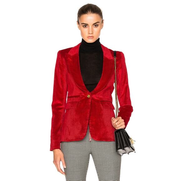 SMYTHE Peaked Lapel Corduroy Scarlet Red Blazer Leather Elbow Patches Size 4 - Picture 1 of 8